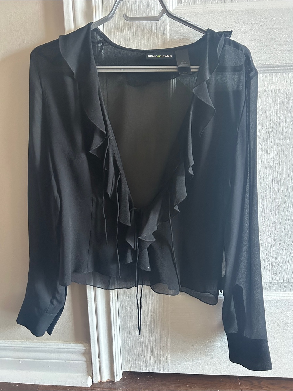 DKNY Jeans Black Sheer Ruffled Top - Size S - Excellent Condition